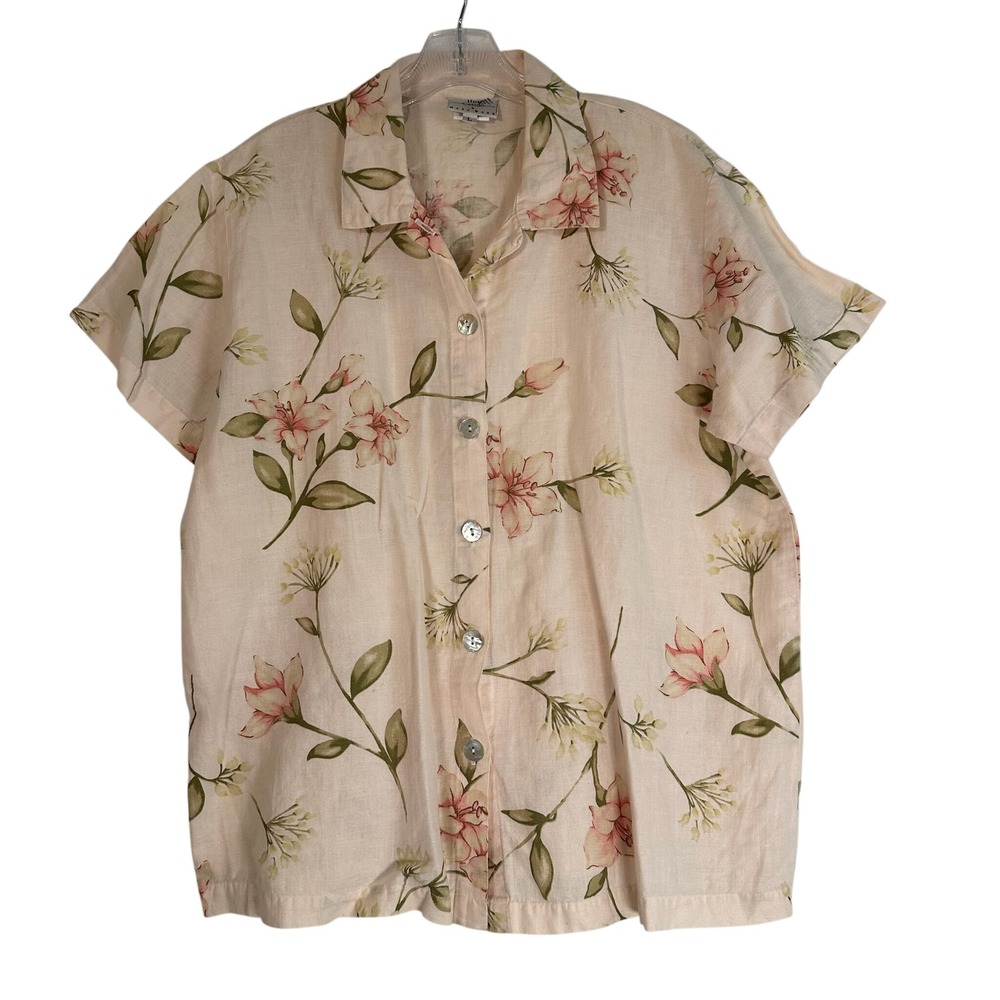 Hot Cotton by Marc Ware Linen Blend Floral Short Sleeve Button Down Shirt Large
